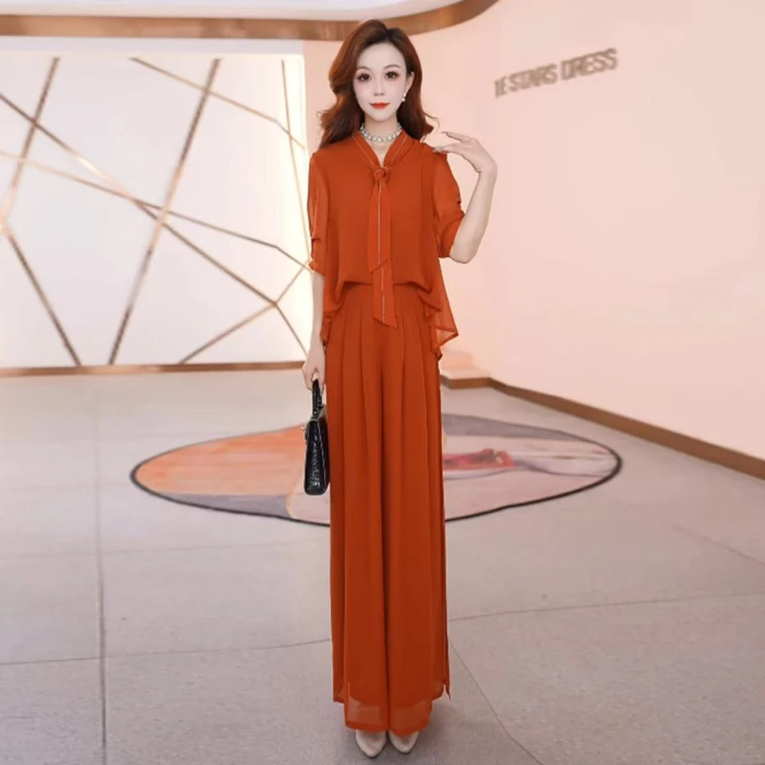 【两件套】夏季时尚丝巾领短袖宽松气质休闲百搭显瘦减龄女装套裤