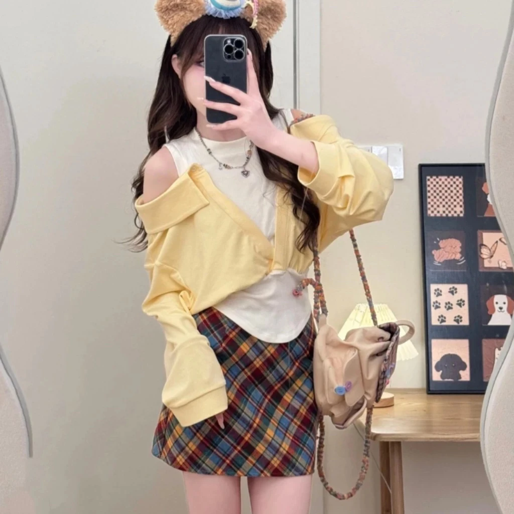 春季设计感一字肩上衣搭配半裙长短款套装
