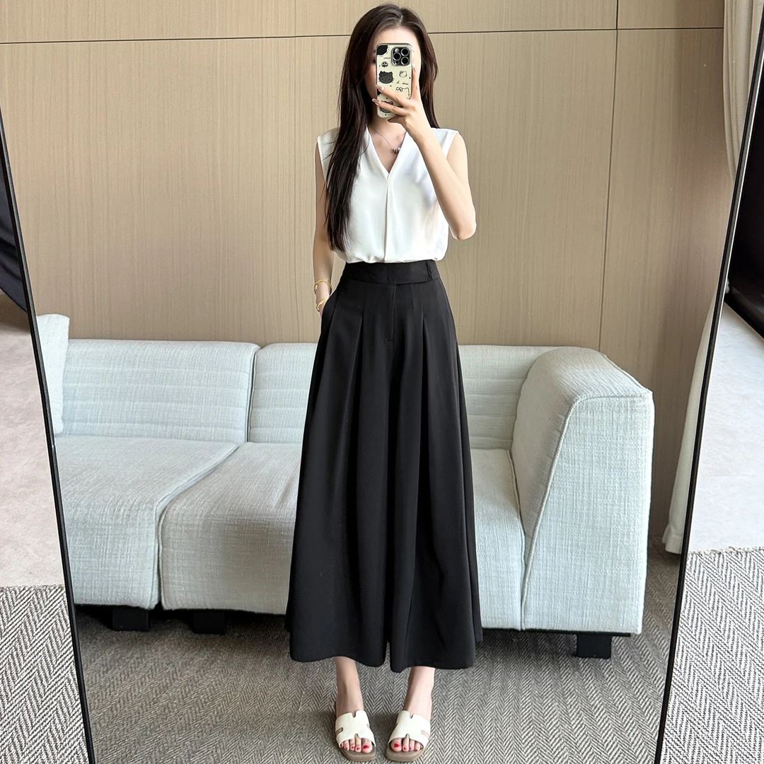 夏季韩版小个子高腰裙裤女宽松显瘦肌理感薄款休闲阔腿裤垂感