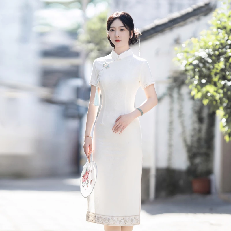 YT2778粉色花扣串珠新中式旗袍国风连衣裙少女中国风春夏小个子