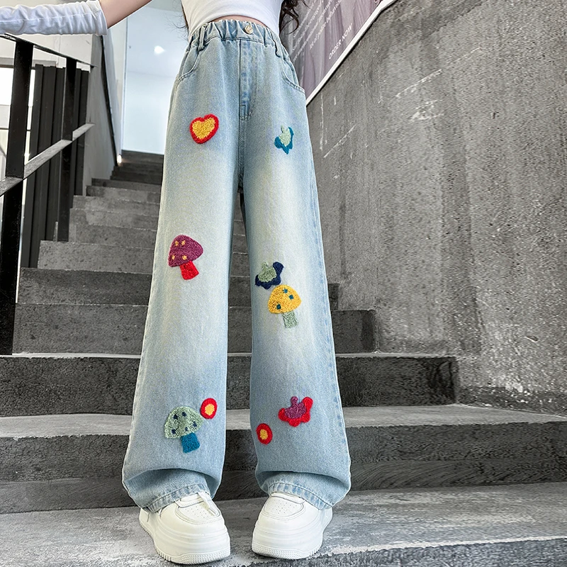 女童牛仔阔腿裤春秋款2025新款儿童洋气弯刀裤女孩春季直筒裤子潮