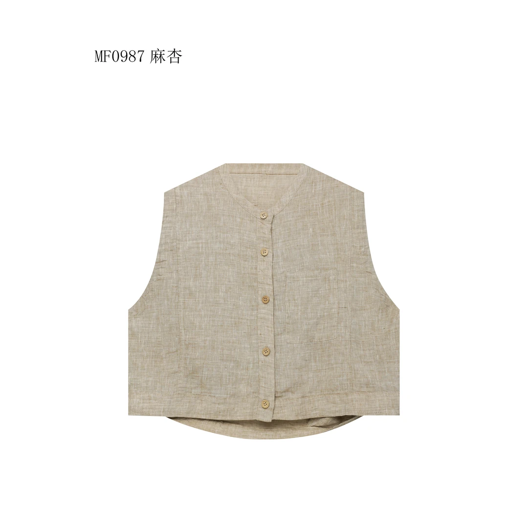 【麻訪家】MF0987麻杏文艺简约休闲百搭坎肩开衫上衣