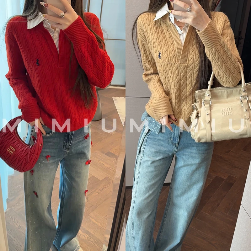 【mimius】U 羊毛经典绞花刺绣衬衫领假两件毛衣 汉服 WH01009