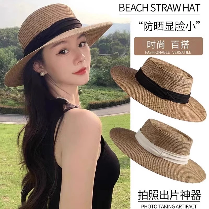 新款法式平顶草帽女大头围海边沙滩礼帽编织防晒太阳帽子夏季大帽