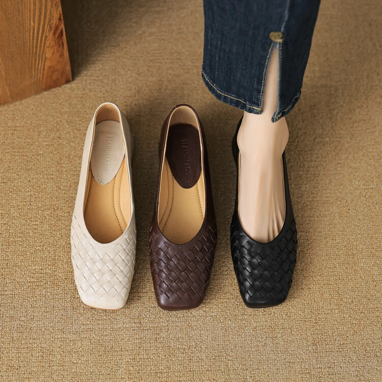 头层羊皮~3cm编织浅口粗跟低跟单鞋女软皮奶奶鞋方头瓢鞋春夏新款
