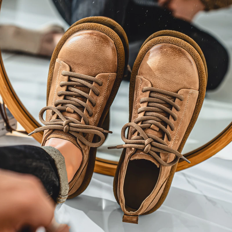 头层牛皮纯色日系板鞋厚底复古做旧休闲皮鞋男士英伦风低帮工装鞋