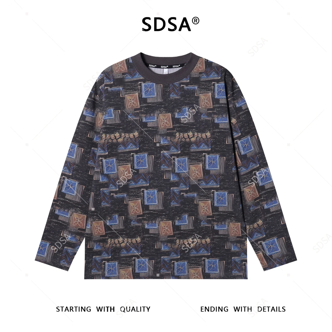 SDSA男士秋冬新款痞帅男装设计感不规则色块圆领长袖T恤时尚潮流