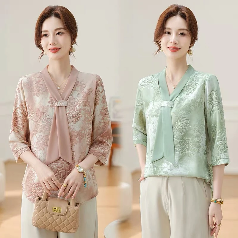 母亲节妈妈夏装减龄小衫2025新款洋气T恤中老年女夏季七分袖上衣