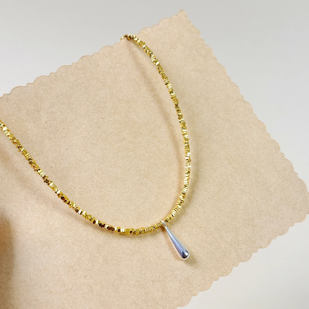 链子925银 S925碎银金银色镀厚银水滴吊坠项链气质高级超闪锁骨链