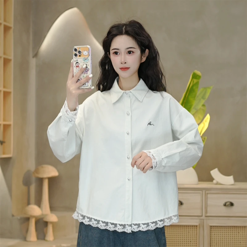 8868 春季翻领简约拼接蕾丝边衬衫时尚百搭宽松开衫上衣