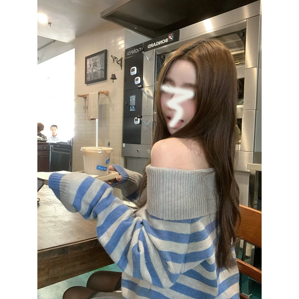 【韩女法则】6-8运补撞色条纹一字肩针织衫2025秋冬新款百搭毛衣