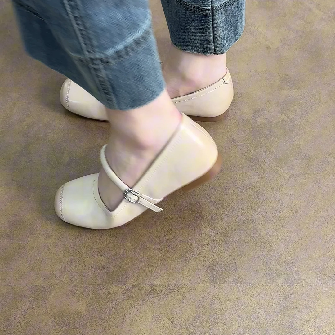 1.5cm/ED2213牛皮浅口圆头单鞋女春夏百搭一字带玛丽珍鞋软皮平跟