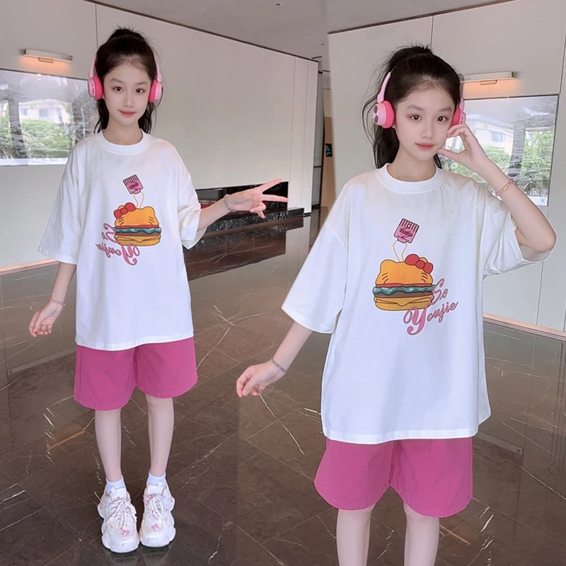 女童夏季印花短袖T恤短裤套装2025新款女孩宽松半袖t恤五分中裤