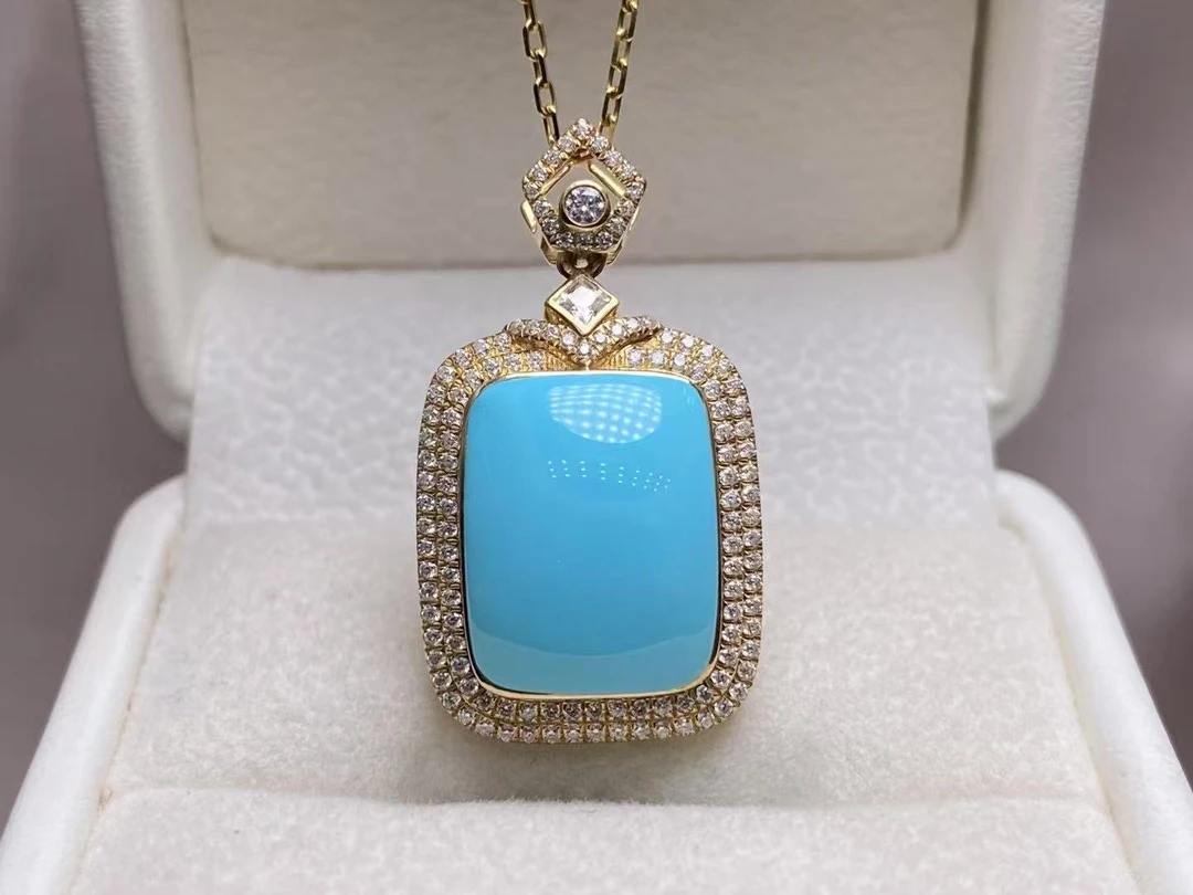 湖北十堰天然原矿绿松石18k金吊坠高瓷高色高篮松石不含链子