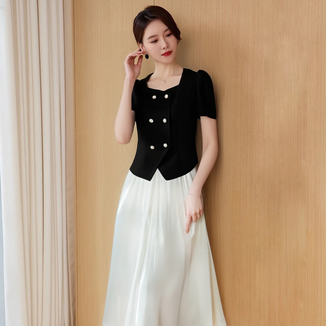 B【两件套】2025夏季洋气时尚轻奢显瘦百搭短袖上衣+半身裙女D1490