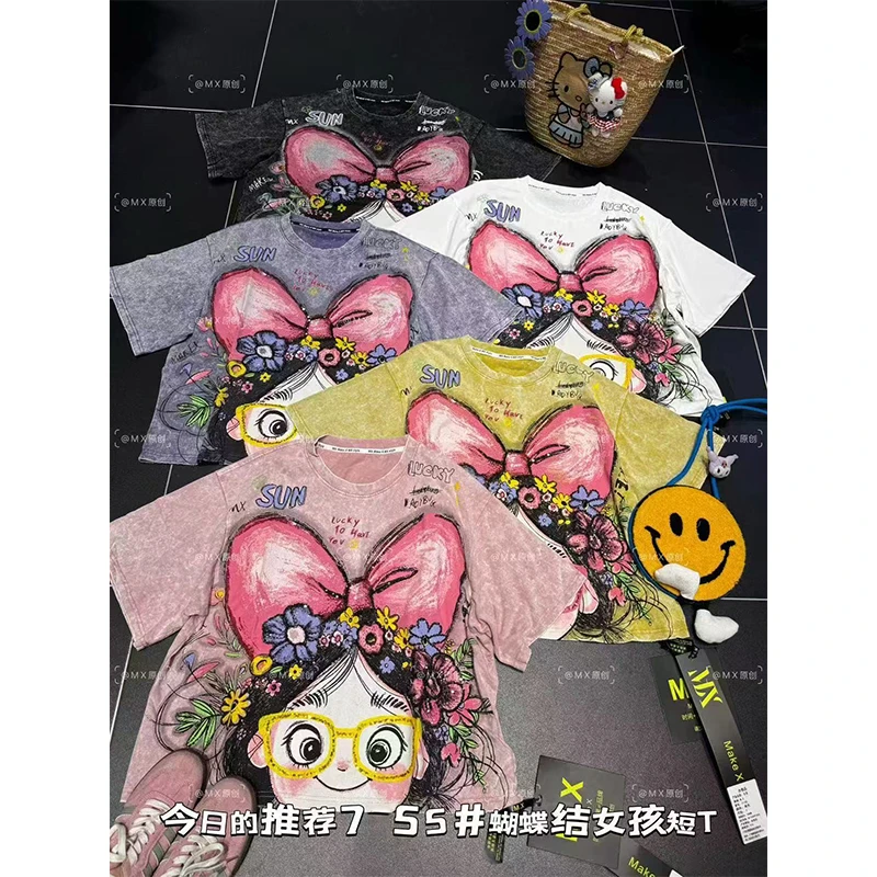 2025夏季新款重工亮片眼睛蝴蝶结女孩宽松大版显瘦遮肉气质短袖女