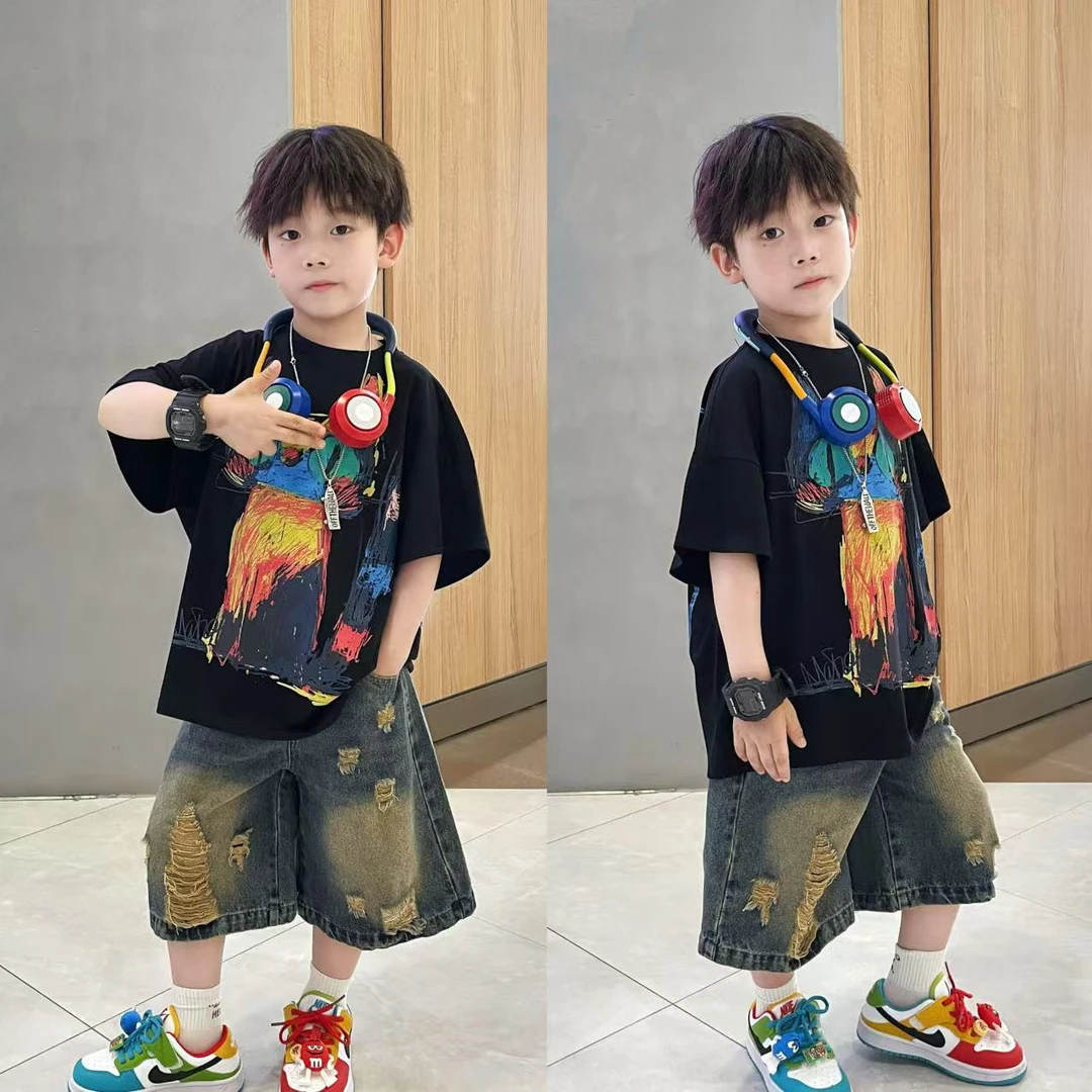 男童美式潮酷范儿短袖上衣牛仔休闲裤子2025夏季潮酷