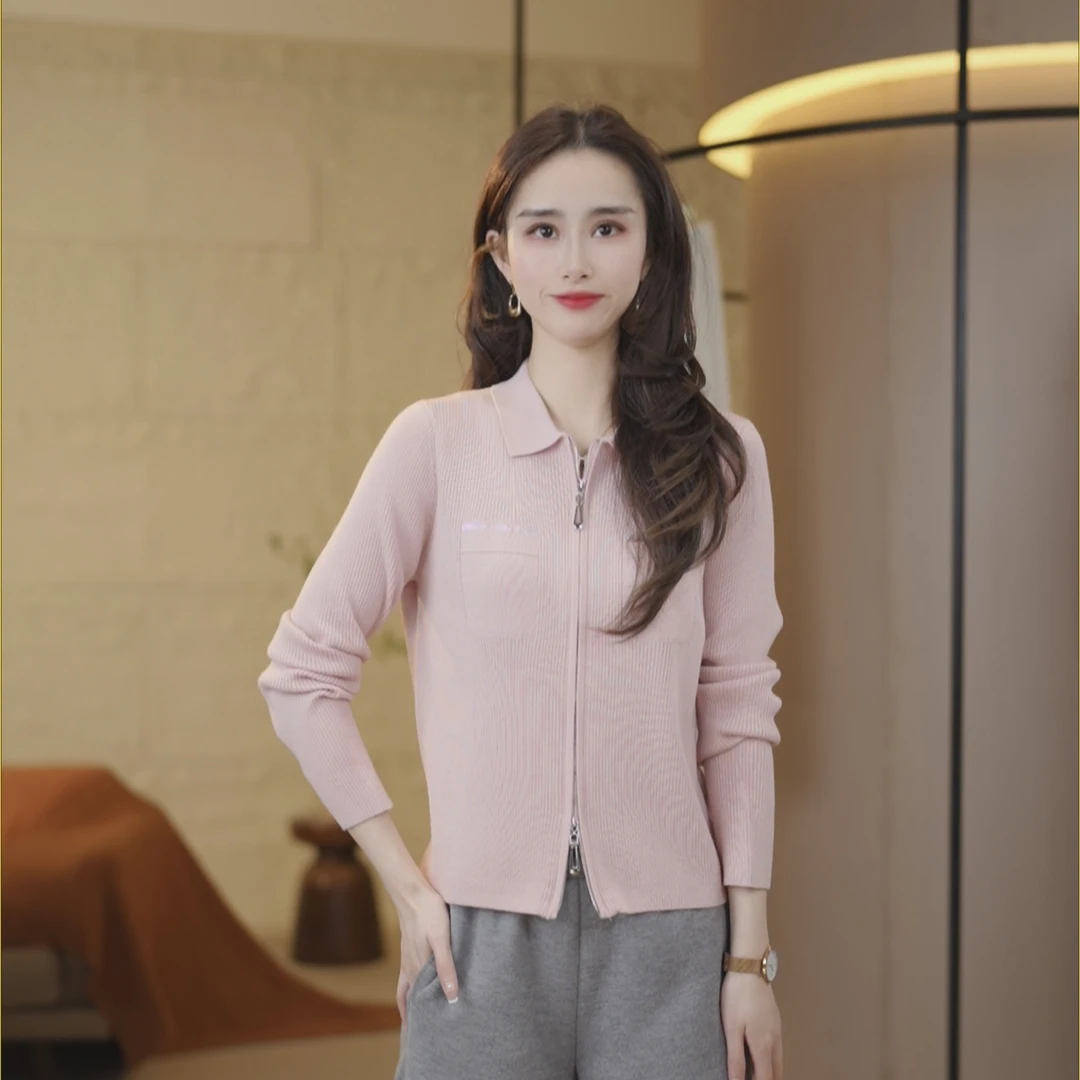 【超细精纺羊毛】春季新款POLO领烫钻显瘦休闲百搭开衫外套5123