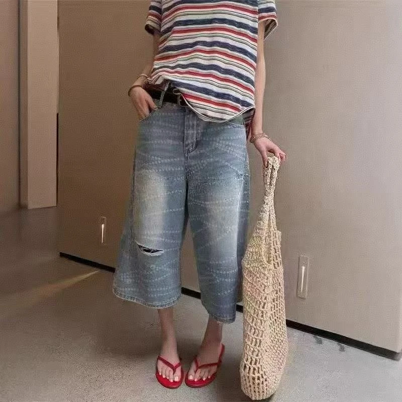 凡Fan【波点七分】复古水洗做旧牛仔裤2025夏季慵懒阔腿七分中长裤
