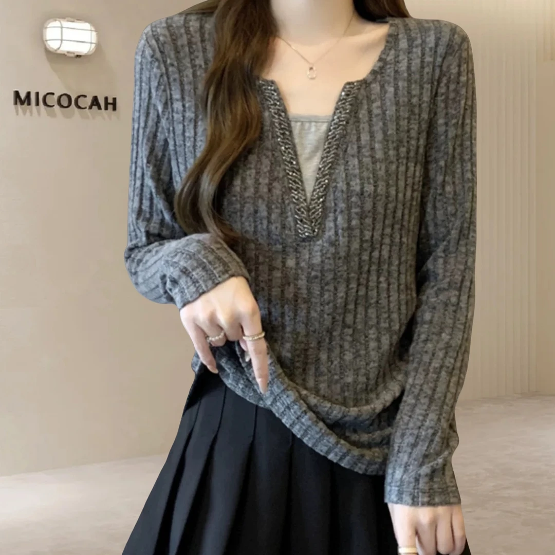 显瘦捏褶打底衫假两件拼接V领修身设计感正肩百搭女时尚螺纹上衣