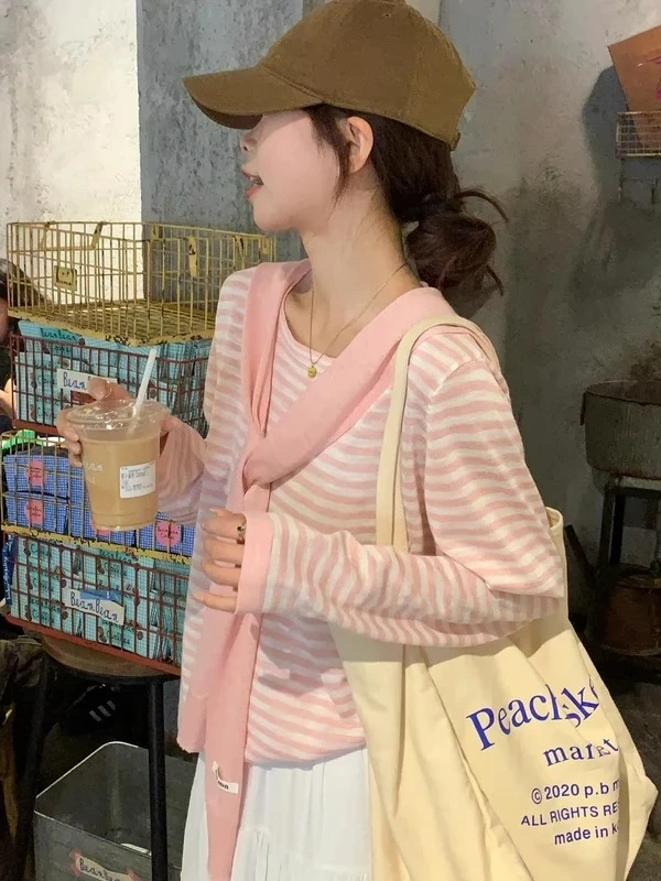 韩系简约冰丝凉感披肩两件套针织衫女春夏小清新宽松百搭条纹上衣