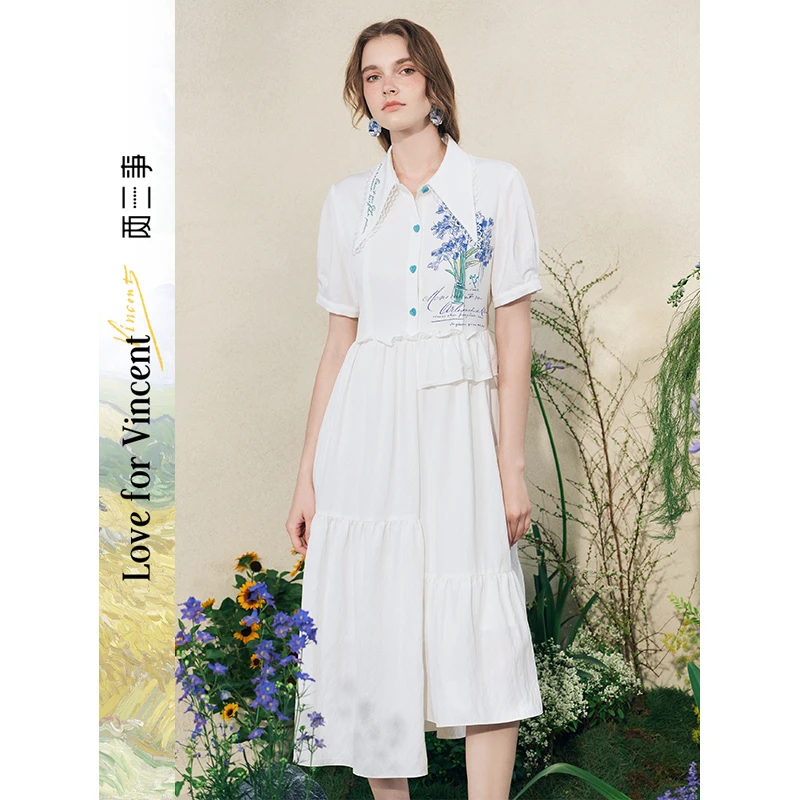 两三事梵高文艺流年如鸢印花刺绣翻领不对称裙摆连衣裙S25XLY734