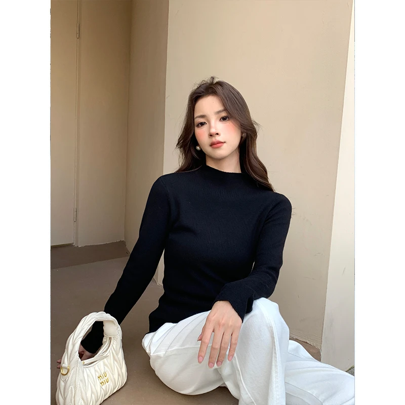 黑色圆领长袖内搭针织衫女秋冬紧身内搭打底衫简约基础款百搭上衣