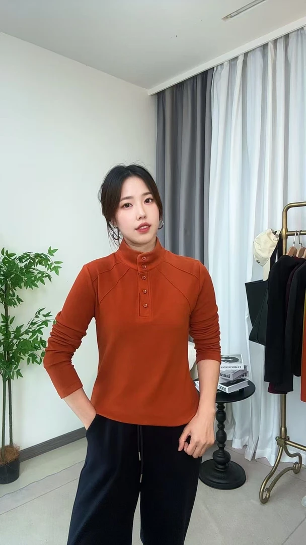 双面奥绒立领洋气半高领卫衣休闲打底纽扣显瘦纯色长袖女926