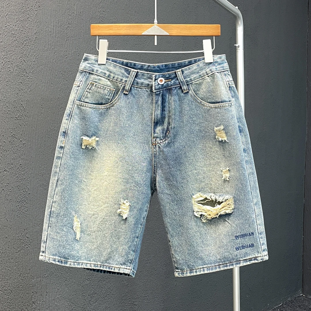 美式复古解构男士水洗五分牛仔裤夏季宽松廓形做旧短裤设计感裤子