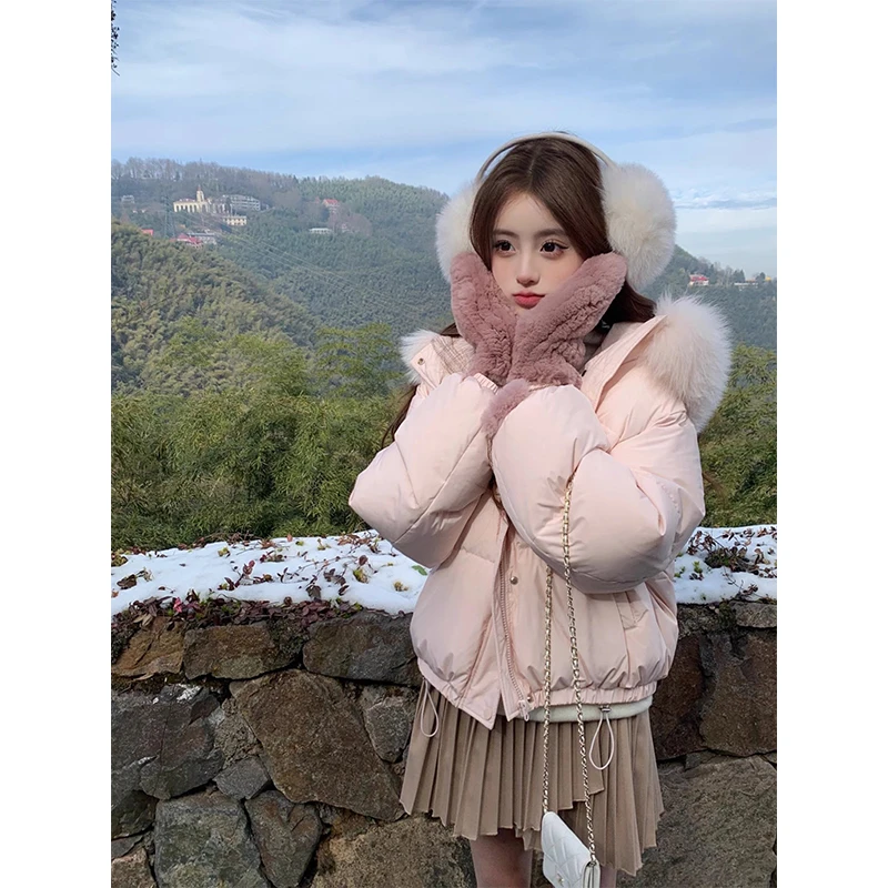 韩系米白色毛领连帽短款棉服女冬季新款减龄百搭宽松加厚棉衣棉袄