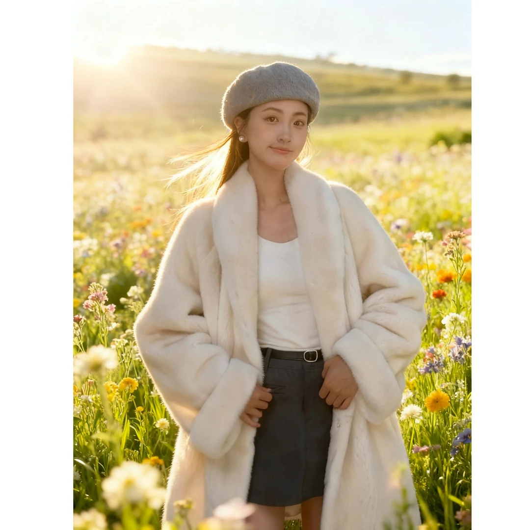 【油画少女】进口紫金短二青果领水貂中长款大衣外套女天然皮草