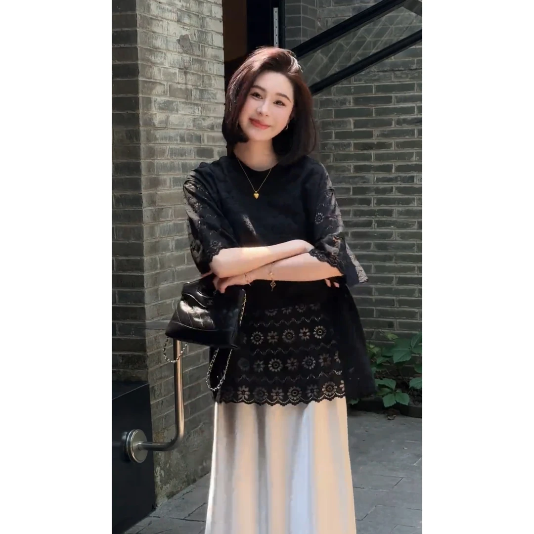 时尚休闲宽松百搭镂空钩花短袖上衣+裙子