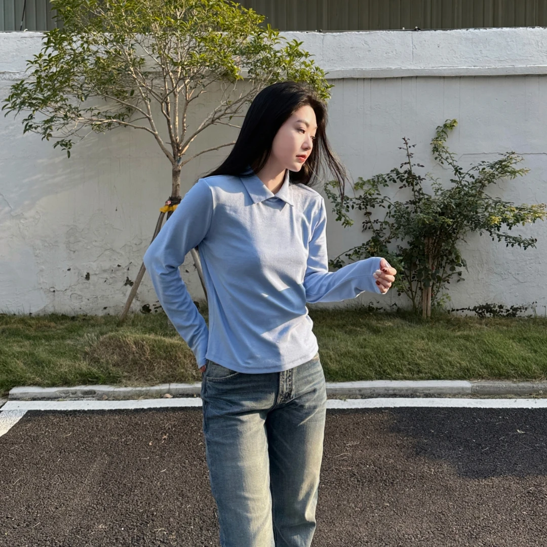 2025新款韩系气质针织时尚休闲百搭翻领长袖T恤-M25304312