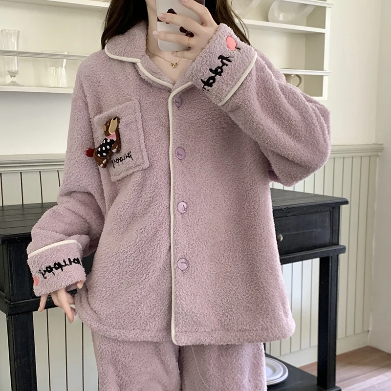 半边绒睡衣女款秋冬季加厚加绒保暖可爱小狗珊瑚绒冬天家居服套装