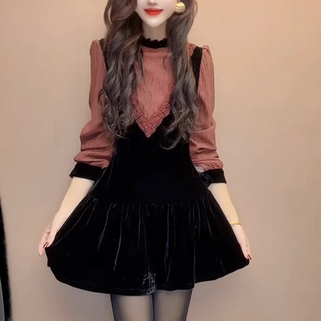 秋冬新款拼接设计宽松显瘦气质女打底连衣裙