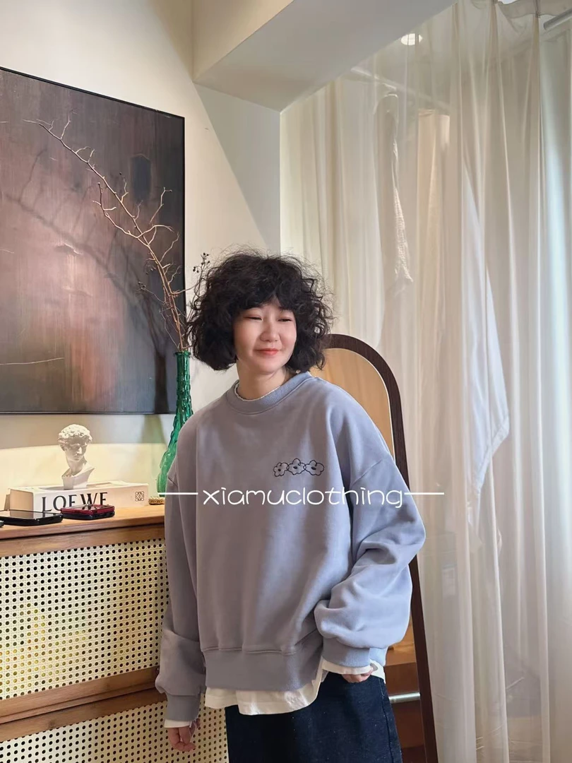 夏沐家拼接假两件加绒花朵百搭卫衣9967