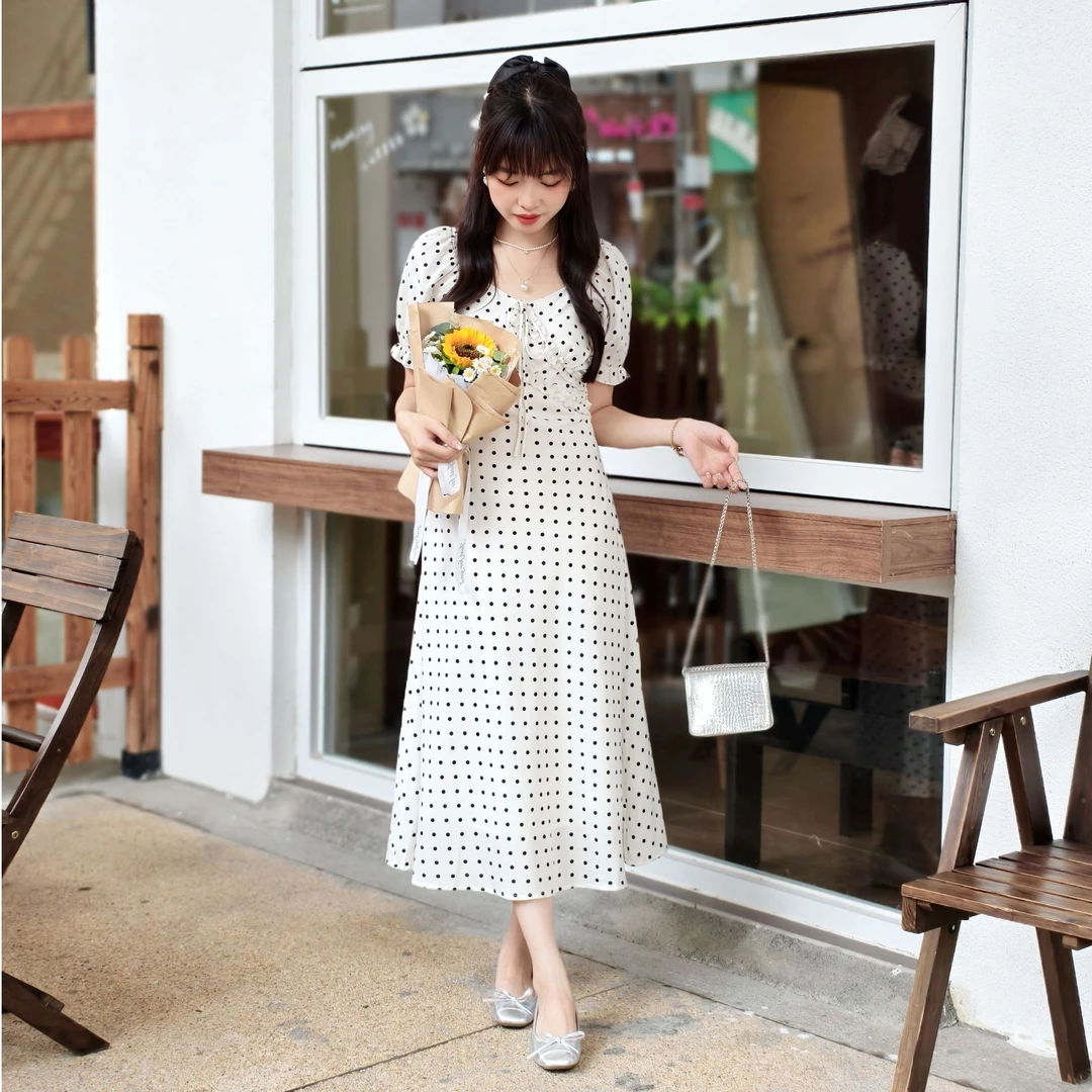 西米小个子【雅韵】白色波点连衣裙女夏新款小裙子海边连衣裙28813#