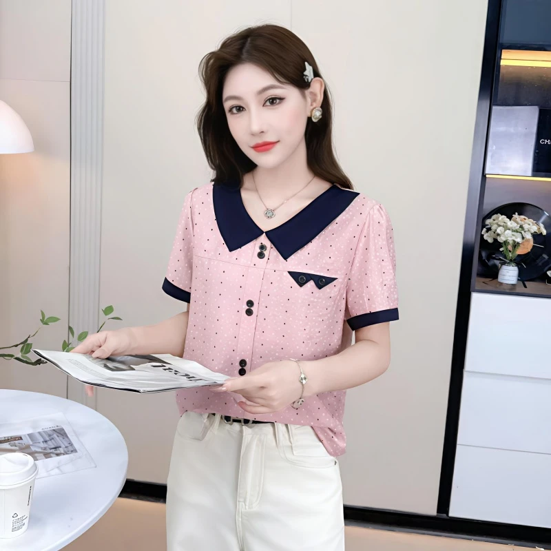 时尚娃娃领拼接短袖女人味衬衫夏新款宽松显瘦上衣洋气减龄小衫