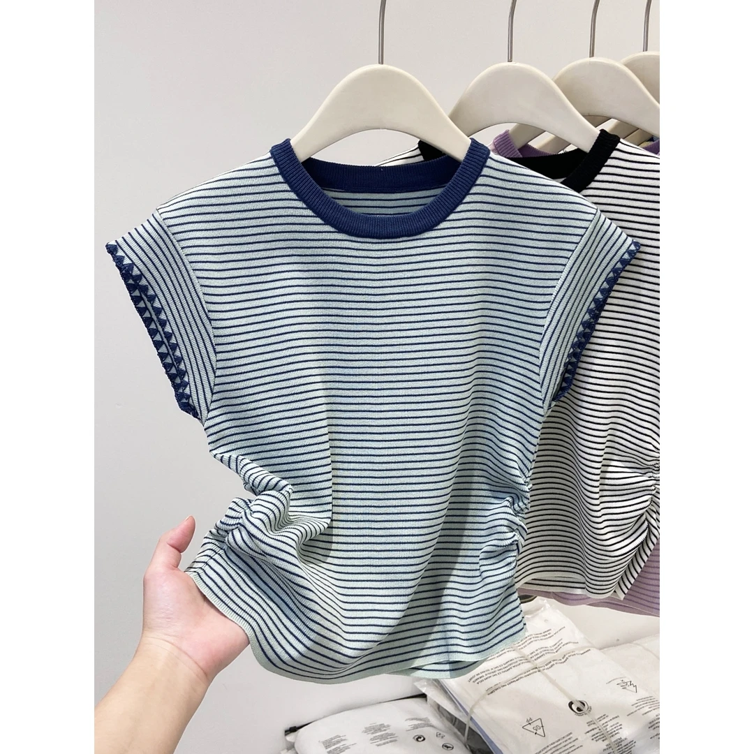 撞色圆领正肩条纹针织短袖T恤女2025夏季减龄洋气显白小飞袖上衣