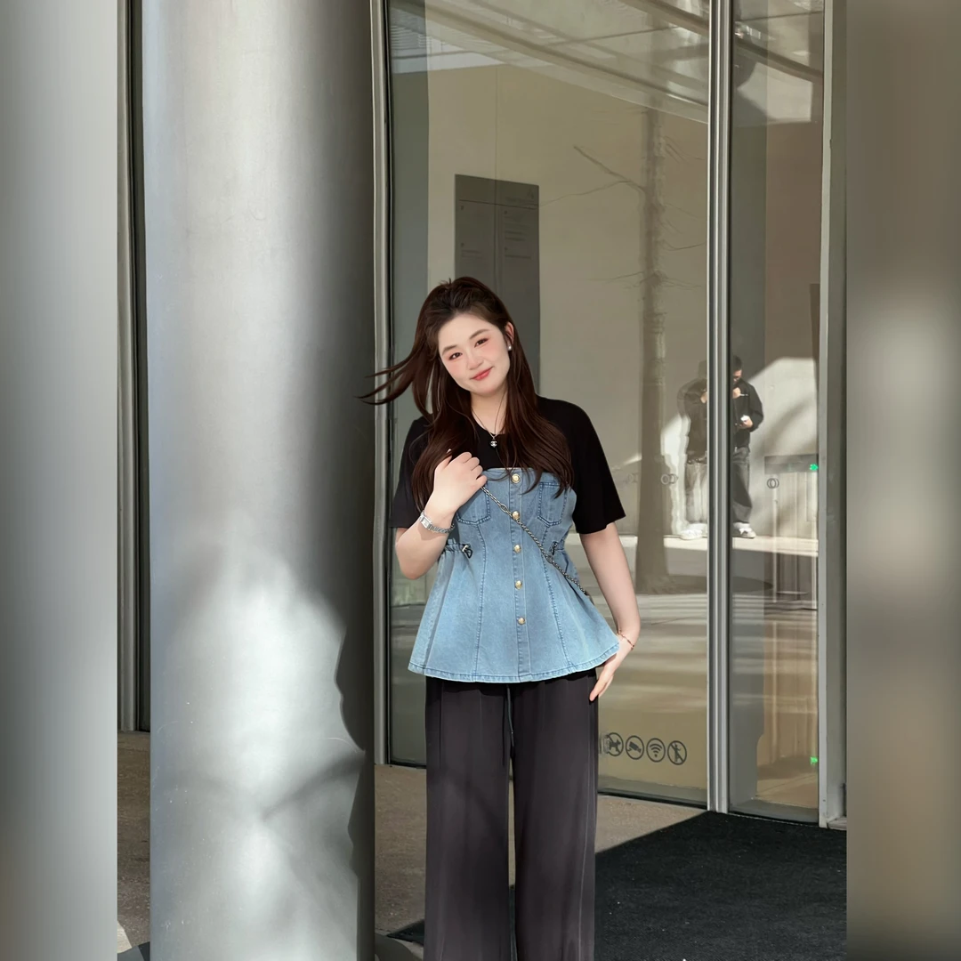 楠序微胖女装假两件洋气衣服女短袖T恤裤子两件套显瘦套装YZ36031