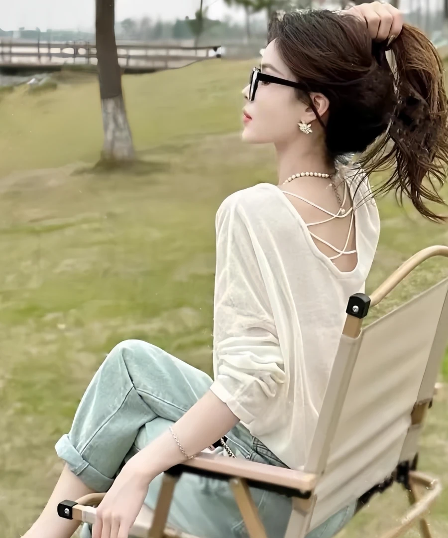 长袖防晒t恤女吊带背心外搭薄款罩衫春夏露背空调衫2025