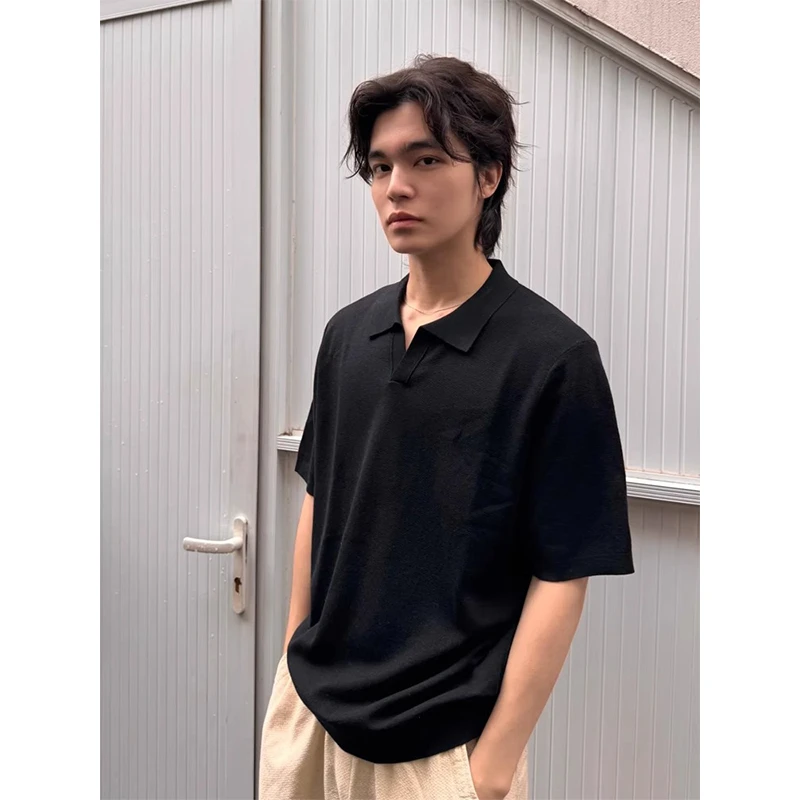 cleanfit老钱风复古v领短袖男夏季薄款高级感冰丝t恤重磅正肩半袖