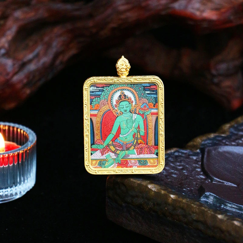 大师手绘唐卡·绿度母吊坠·已加加·雪堆白【5702VT】