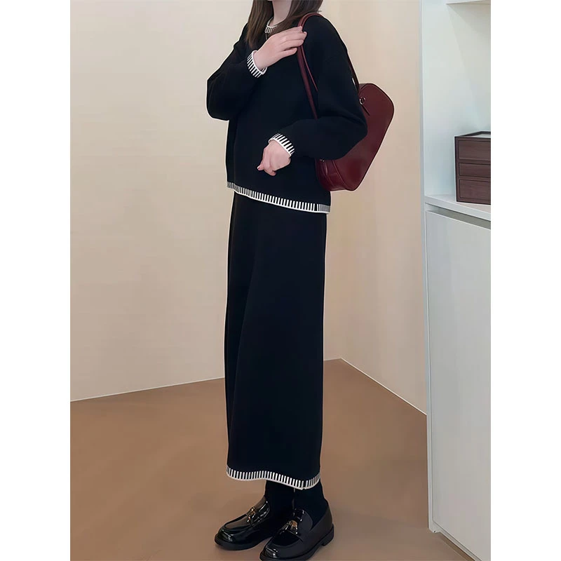 韩版气质慵懒风休闲黑色毛衣半裙女装2025秋冬新款小个子针织套装
