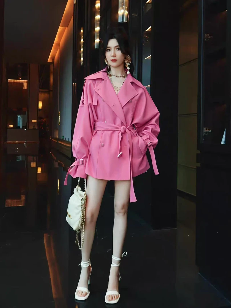 822 高级感系带显瘦慵懒风高级粉显白宽松廓形质感风衣外套A5