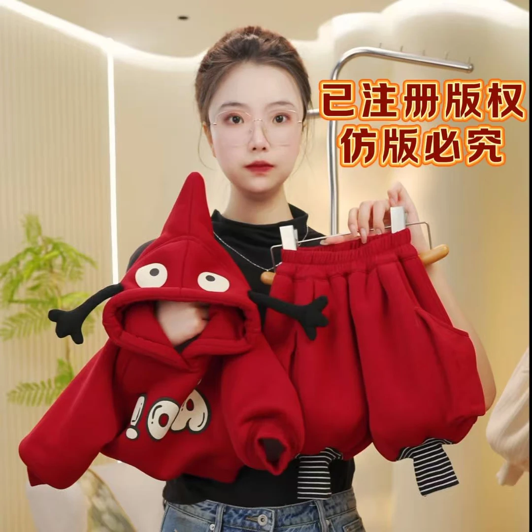 Y3【加绒加厚】【红色卡通搞怪星人连帽卫衣+红色大口袋工装裤套装】