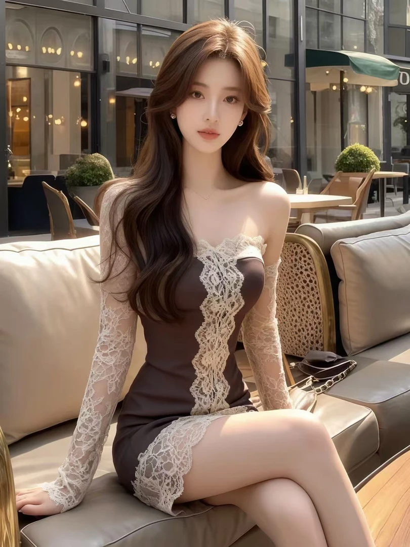 新款轻奢时尚性感辣妹风蕾丝露肩长袖修身收腰包臀气质纯欲连衣裙