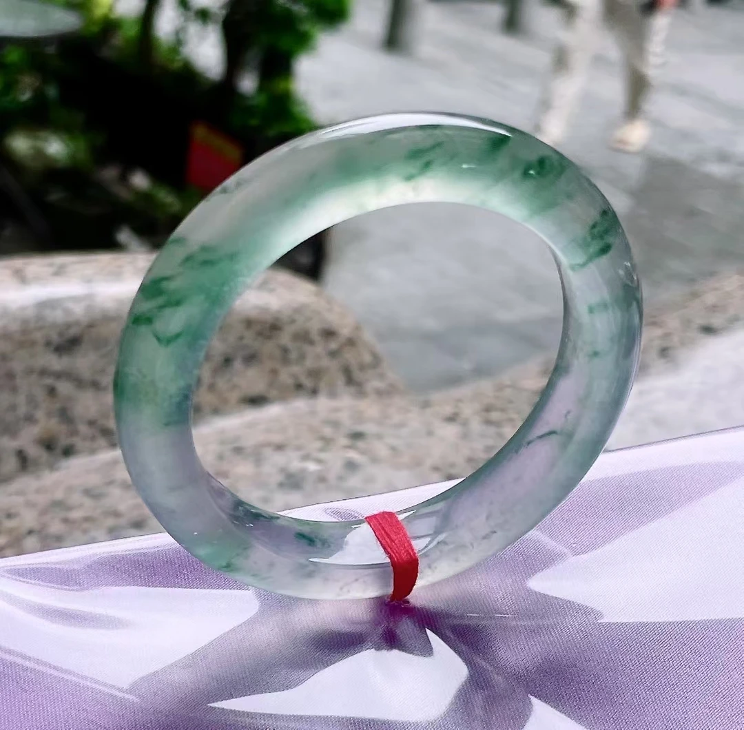 天然缅甸翡翠A货高冰种飘蓝花正圈手镯53.5-11.9-9.2