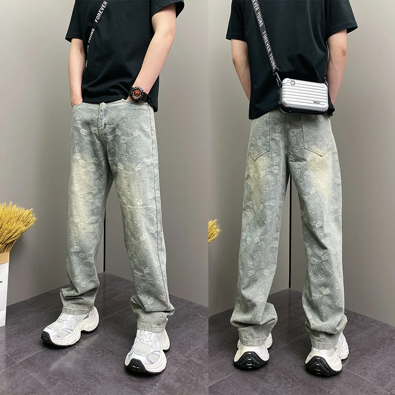 2025夏季薄款潮牌韩版蓝色水洗磨白青年男士休闲直筒阔腿牛仔裤子