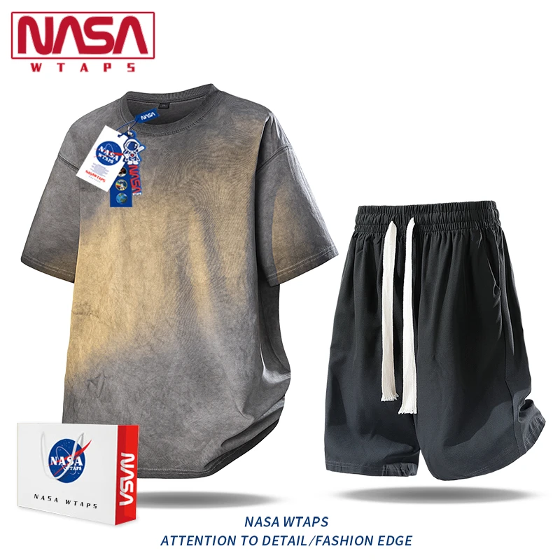 NASA WTAPS扎染短袖套装男士夏季仿麂皮渐变潮牌休闲百搭一套装